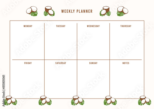 Weekly planner, printable planner, weekly to do list planner, daily planner with coconut  template background.