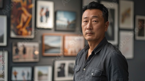 Portrait of an Asian man in full length against a gray backdrop surrounded by pictures photo