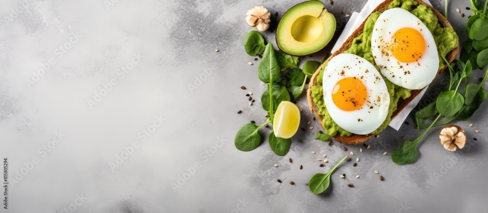 Vegetarian breakfast presented in a flat lay style It includes whole grain toasts topped with avocado spinach and poached eggs The flat lay image is set against a grey concrete background featuring a