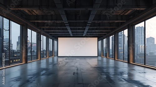 A large empty space with a blank white screen in the center  surrounded by windows overlooking city buildings. 