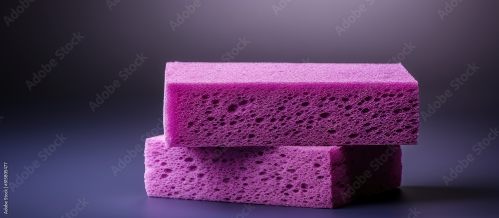 Obraz premium Rectangular cellulose washing sponges in purple featuring both coarse and soft sides allowing for versatile cleaning tasks Enhanced with a copy space image
