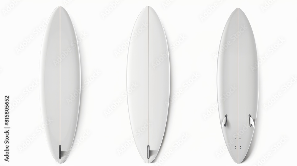 Mockup of a white surfboard with a front, side and back view. Modern realistic mockup of a blank longboard for sea waves surfing. Leisure sport equipment isolated on white. Mockup of a white surfboard with a front, side and back view. Modern realistic mockup of a blank longboard for sea waves surfing. Leisure sport equipment isolated on white.
