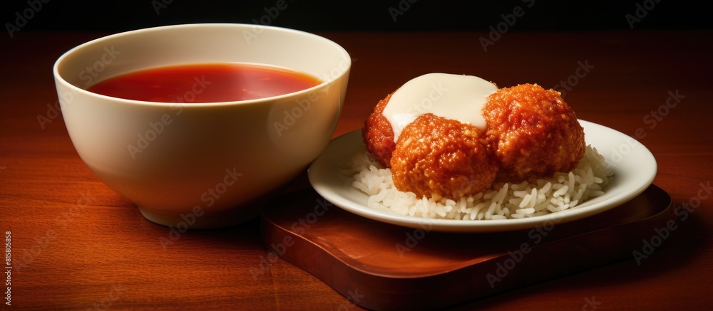 A copy space image of ketchup and egg rice ball served with tea A copy space image of ketchup and egg rice ball served with tea