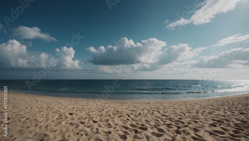 A serene beach with clear blue ocean water and fluffy clouds in the sky.