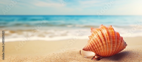 A seashell resting on the sandy beach serves as a captivating image for a travel concept representing the carefree vibes of a summer beach vacation Ample space is available for adding text