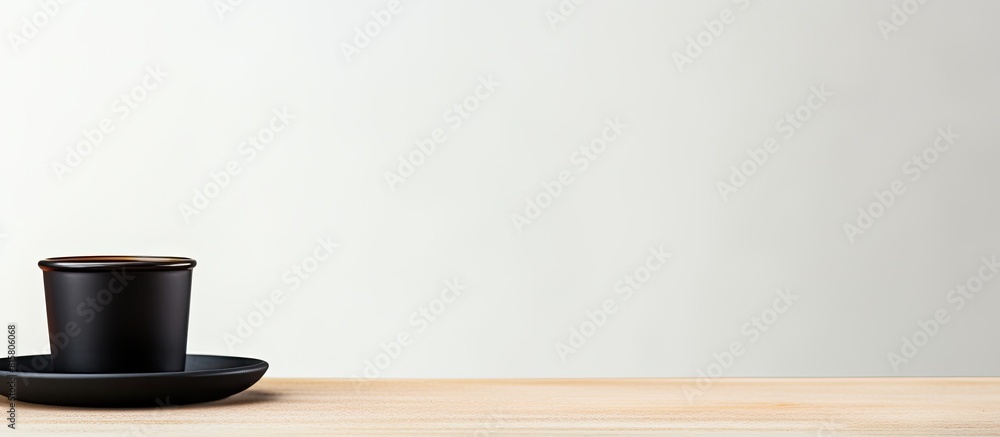 A close up shot of a black tea or coffee cap placed on a white wooden table against a white backdrop leaving ample space for additional content in the image A close up shot of a black tea or coffee cap placed on a white wooden table against a white backdrop leaving ample space for additional content in the image