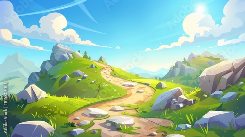 This infographic shows a road view with steps  a curve way  a rocky windy trail with pebbles  green grass and rocks along  a scenic valley  and a hill path.