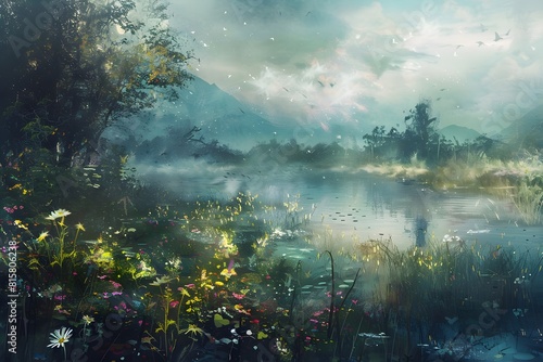 A painting of a forest with a river and a field of flowers. The mood of the painting is peaceful and serene