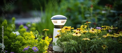 A small decorative solar garden light in a flower bed enhances the garden design while its solar powered lamp utilizes solar energy Copy space image photo