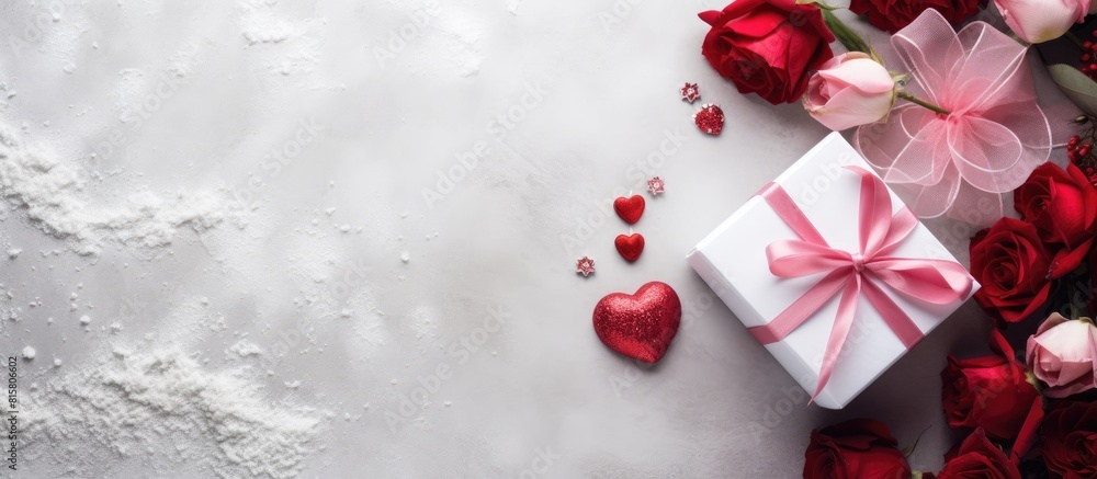 The concept of St Valentine s Day portrayed in a top down composition featuring a white fur background adorned with a gift box decorative heart and a bouquet of roses Offers space for text The concept of St Valentine s Day portrayed in a top down composition featuring a white fur background adorned with a gift box decorative heart and a bouquet of roses Offers space for text
