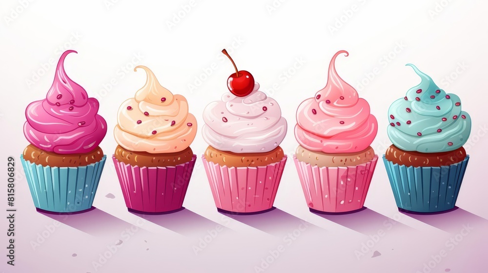 A row of five cupcakes with different colored frosting and decorations. A row of five cupcakes with different colored frosting and decorations.
