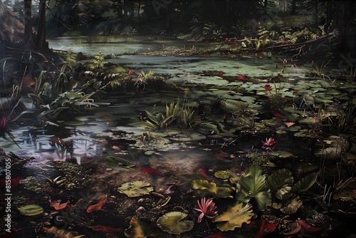 A painting of a pond with a lot of plants and water. The mood of the painting is peaceful and serene