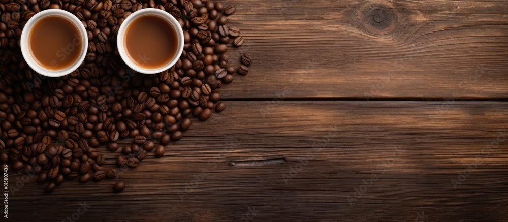 A top down perspective of cups of steaming hot coffee and aromatic coffee beans placed on a brown wooden surface with ample copy space for an image A top down perspective of cups of steaming hot coffee and aromatic coffee beans placed on a brown wooden surface with ample copy space for an image