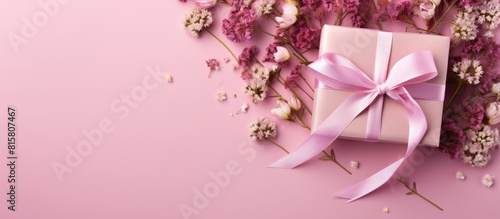 A top down view of a pink background adorned with a white gift box filled with dried flowers Perfect for the holiday season or as a gesture of love Copy space available