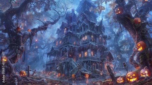 Enchanted Halloween Mansion Amidst Spooky Forest Scenery