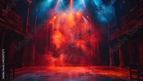 Theater stage with actors posing questions and a spotlight revealing the answer  dramatic setting  front angle