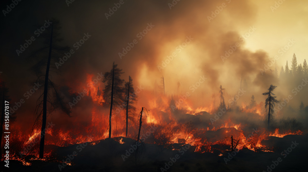 Raging and terrifying forest fire with thick plum