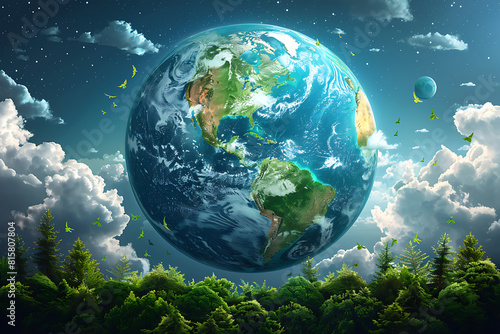 A vibrant blue and green eco Earth globe symbolizes environmental world protection, ecological conservation, and the urgent message of "Save the Planet" celebrated on Earth Day