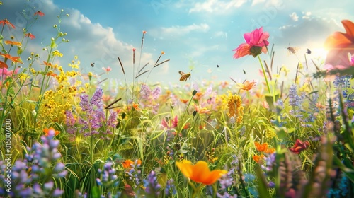 Summer. Meadow flowers on the field and blue clear sky with butterflies. © Vasili