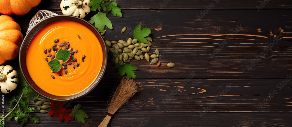 Top view of a vegan copy space image featuring a bowl of pumpkin soup garnished with parsley and pumpkin seeds a perfect dish for Halloween or Thanksgiving day Top view of a vegan copy space image featuring a bowl of pumpkin soup garnished with parsley and pumpkin seeds a perfect dish for Halloween or Thanksgiving day