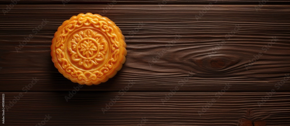 Top view of a moon cake yolk pastry on a bright wooden table specifically designed to represent the Mid Autumn Festival holiday with ample copy space for versatile usage Top view of a moon cake yolk pastry on a bright wooden table specifically designed to represent the Mid Autumn Festival holiday with ample copy space for versatile usage
