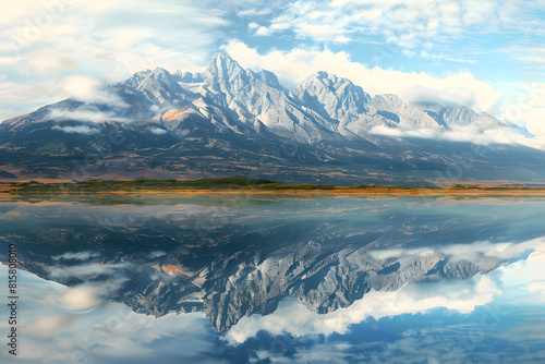 Majestic mountain reflection in serene lake