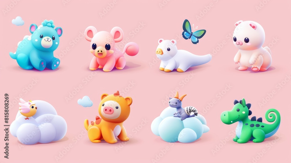 A realistic set of fluffy eddies in the form of cute rabbits, bears, dinosaurs, and pigs with butterfly, cat, and snails flying, weather and nature kids elements 3D modern set. A realistic set of fluffy eddies in the form of cute rabbits, bears, dinosaurs, and pigs with butterfly, cat, and snails flying, weather and nature kids elements 3D modern set.