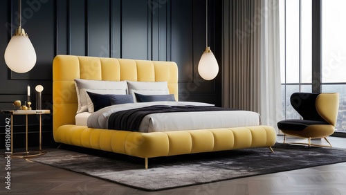 A yellow bed with a black comforter and pillows is in a room with a black wall and white curtains