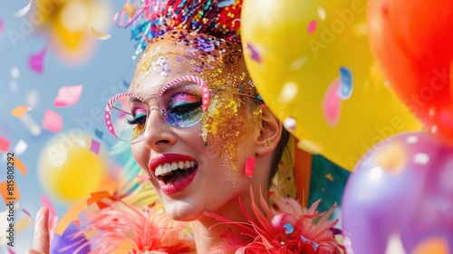 Smiling woman surrounded by balloons and glitter