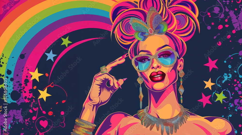 Illustrated drag queen with neon rainbow backdrop Illustrated drag queen with neon rainbow backdrop
