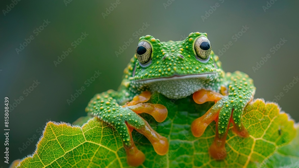 A green frog is clinging to a leaf for flora and fauna concept.