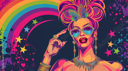 Illustrated drag queen with neon rainbow backdrop