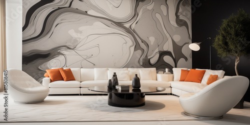A modern living room with abstract art-inspired wallpaper in bold white colors, balanced with sleek furniture and contemporary decor pieces.  photo