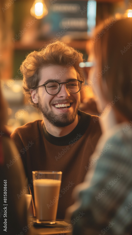 Happy man student laughing with friends in a coffee shop Happy man student laughing with friends in a coffee shop