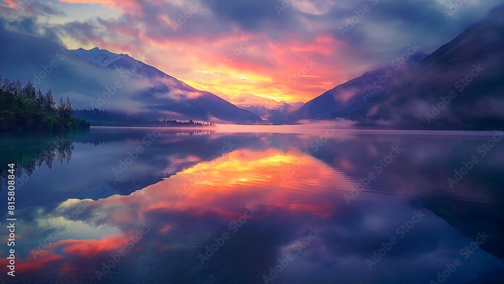 The serene sunset reflection over a tranquil lake with vibrant hues of pink, orange, and purple off the calm water.