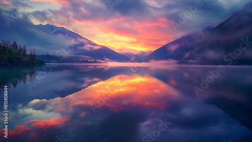 The serene sunset reflection over a tranquil lake with vibrant hues of pink, orange, and purple off the calm water.