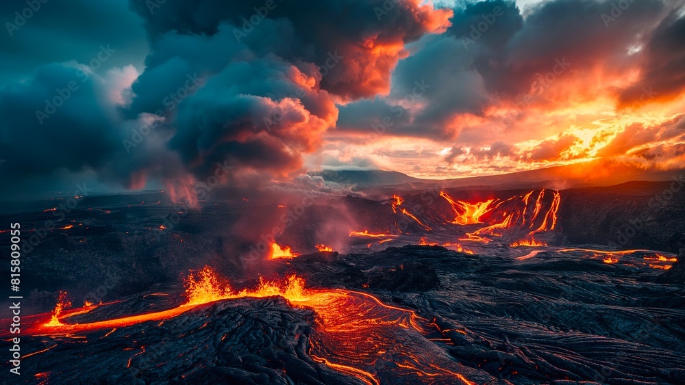 Hot lava and smoke on black rocky mountains.
