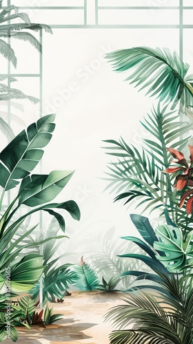 Lush greenhouse illustration depicting a serene tropical environment  perfect for relaxation and botanical study