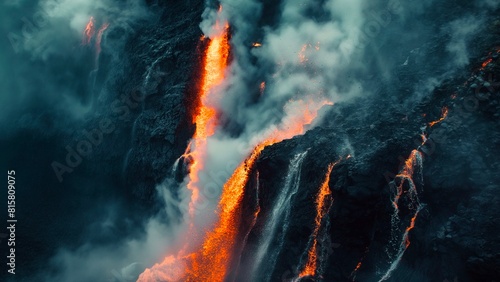 Hot lava combines with water to create a lot of smoke. photo