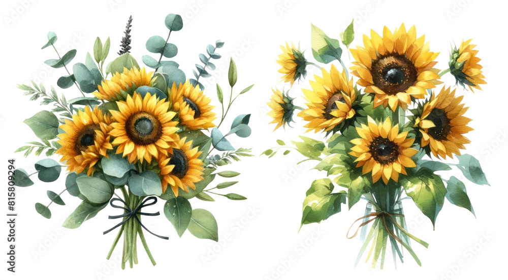 Sunflower bouquets with lush greenery in watercolor style Sunflower bouquets with lush greenery in watercolor style