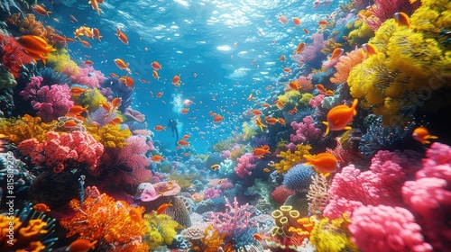Underwater adventure scene with divers exploring a vibrant coral reef, natures underwater beauty, clear day