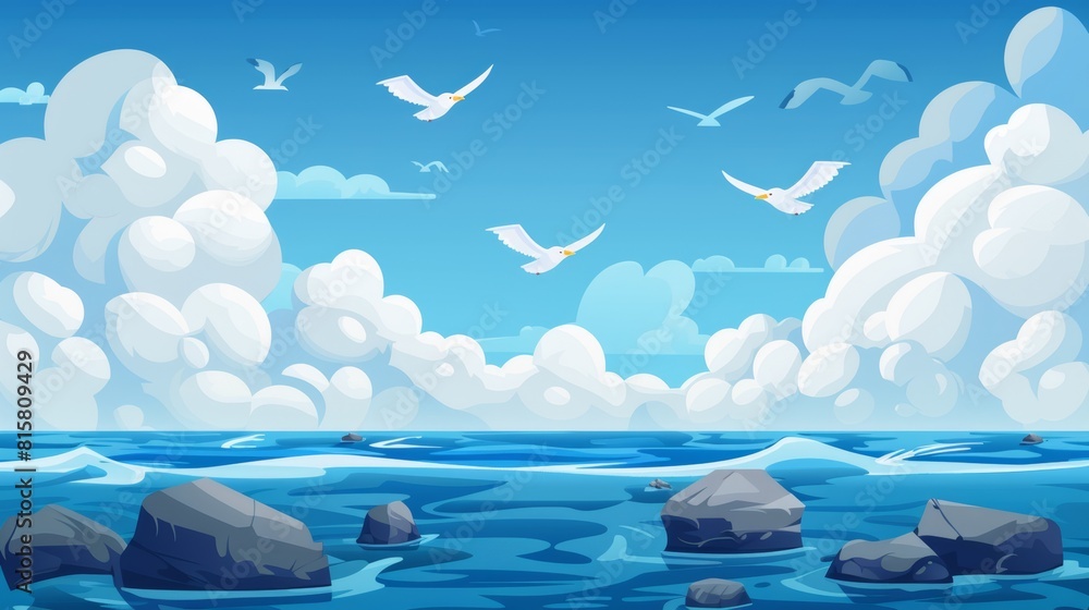 Ocean or sea nature 2D landscape with shallow or land, rocks, and fluffy clouds. Cartoon modern illustration, seascape with layers for games.
