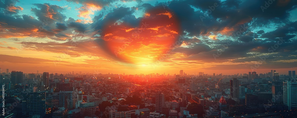 Obraz premium Vibrant heart cloud above a bustling cityscape, contrasting themes, wide angle with copy space at the top