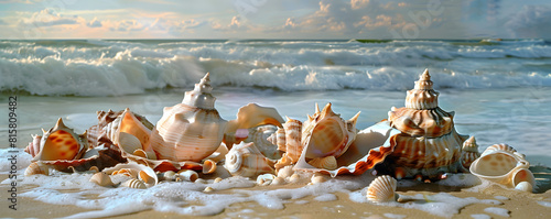 Seashell collection on seashore at sunset