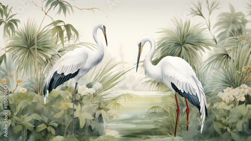 Chinoisserie Mural Wallpaper, Watercolor background, storks, Tropical plant, photo