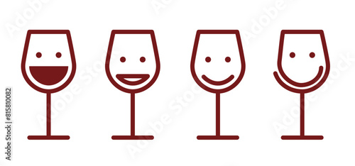 Laughing wine glasses with happy smile face. Cartoon drawing red glass for alcohol. Friends or friendship to cheers. Dry january, no wine day. 