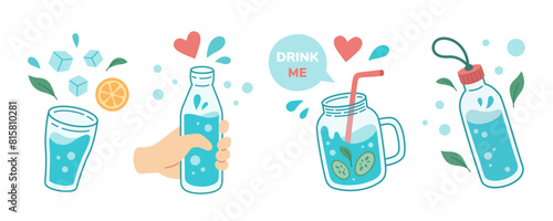 Drink more water concept, drinking water in drinking glass, jar, glass bottle. Correct daily habits, morning rituals, detox. Zero waste. Hand drawn Vector illustration.