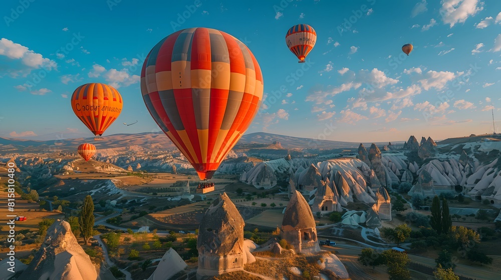 Fototapeta premium A photo of hot air balloons floating over the Cappadocia region in Turkey, with its unique rock formations and vibrant colors.
