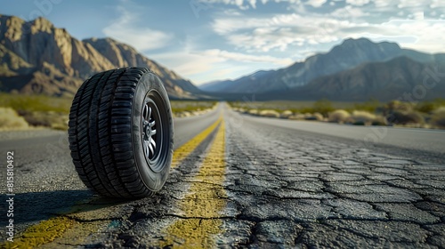 Wallpaper Mural A new tire on the side of an empty road in the desert, with mountains in the background.
 Torontodigital.ca