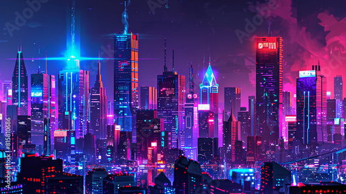 A digital skyline illuminated by the glow of neon signs and holographic advertisements, where skyscrapers reach towards the heavens in a testament to human ingenuity and ambition.